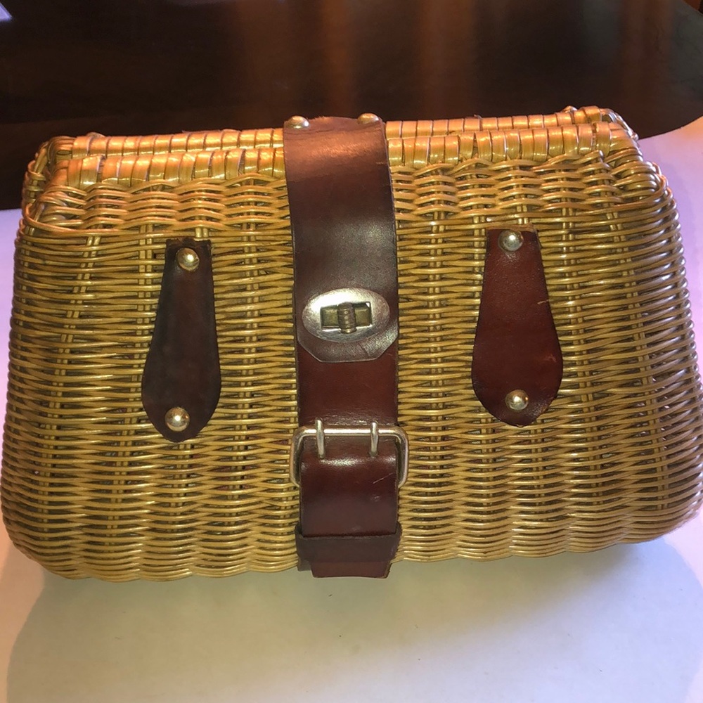 AS IS Vintage Woven Rattan Bag with Brown Leather Trim